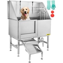 50' Hundehaustierbadewanne aus Edelstahl mit Wasserhahn begehbarer Rampe
