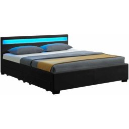Juskys LED Polsterbett Lyon mit Bettkasten – Bettgestell aus Holz & Kunstleder mit Lattenrost –
