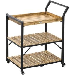Outsunny - Outdoor-Servierwagen, drei Ebenen, vier Räder, Stahlrahmen, Naturholz, 79 x 50 x 90cm