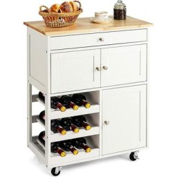 Küchenwagen Servierwagen holz 4 Rollen mit Schublade 3 Schrankfaechern & 3 Weinregaln 67x37x86.5 cm