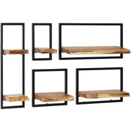 Wandregal-Set 5-tlg. Akazienholz Massiv und Stahl vidaXL - Braun