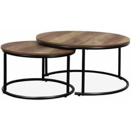 2er Set runde Beistelltische aus schwarzem Metall, Holzdekor - Loft - verstaubar, 1x Ø77 x h 40 cm