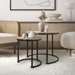 Couchtisch rund 2er Set rund, ø 40 / 60 cm, Sonoma-Eiche/Schwarz, aus mdf und Metall, Satztische