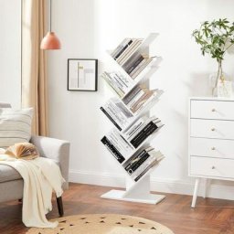 Vasagle Bücherregal, 8 Ebenen, Baumform, Standregal, cd Regal aus Holz für Wohnzimmer, Büro, Weiß