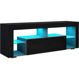 Tv Schrank Fernsehtisch mit led Beleuchtung Hochglanz Lowboard Schwarz Glasböden,140x35x50.5cm