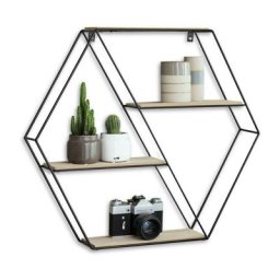 Hexagon Wandregal aus Metall & Holz mit 4 Böden, Schwarzes Schweberegal im Industrie Design,