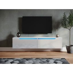 Lowboard tv hangend 140 cm holz mit LED-Beleuchtung tv Schrank Weiß Hochglanz Zwei