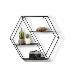 Hexagon Wandregal aus Metall mit 4 Böden, Schwarzes Schweberegal im Industrie Design, Sechseckiges