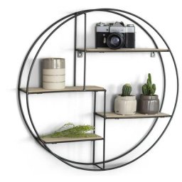 Rundes Wandregal aus Holz und schwarzem Metall, Schweberegal im Industrie Design, Offenes