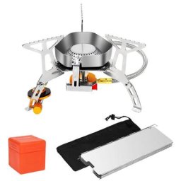 Campingkocher Campingausrüstung 3500W Windschott Gaskocher mit Piezozündung Camping Kocher Faltbar