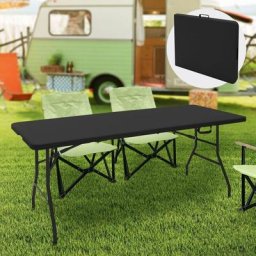 Campingtisch klappbar, 180x74 cm, Schwarz, aus Kunststoff, Klapptisch mit Tragegriff, Falttisch für