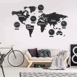 Riesige Vintage xxl Weltkarte aus Holz inkl. 5x Wanduhr 3D Retro Deko Welt Zeitzonen Boho Wanddeko