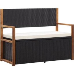 Bank mit Stauraum 115 cm Poly Rattan Massivholz Akazie Schwarz Vidaxl Schwarz