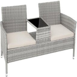 Tectake - Rattan Gartensitzbank mit Tisch - Gartenbank, Sitzbank, Holzbank - hellgrau/creme