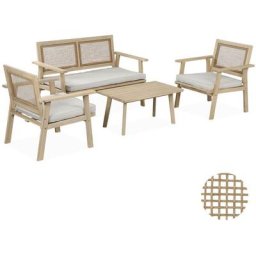 Gartengarnitur aus Holz und Rohrgeflecht 2-Sitzer-Sofa, 2 Sessel, 1 Couchtisch - Bohémia 117 x 64 x