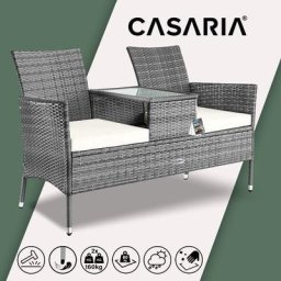 Casaria - Poly Rattan Gartenbank 2 Sitzer Kino Bank Auflagen Glas Tisch Wetterfest Sitzbank
