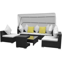 7-tlg. Garten-Lounge-Set mit Sonnendach Poly Rattan Schwarz Vidaxl Schwarz
