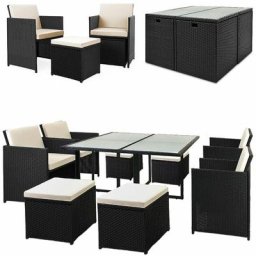 Poly Rattan 9 tlg Sitzgruppe Cube 4 Stühle 4 Hocker Auflagen & Kissen Tisch 120x120cm Platzsparend