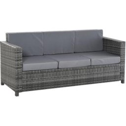 Poly-Rattan Sofa mit Kissen 3-Sitzer Garten Loungesofa Metall Polyester Grau 185 x 70 x 80 cm