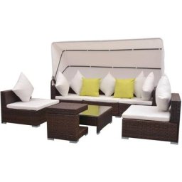 7-tlg. Garten-Lounge-Set mit Sonnendach Poly Rattan Braun vidaXL - Braun
