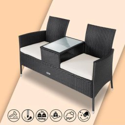 Casaria - Poly Rattan Gartenbank 2 Sitzer Kino Bank Auflagen Glas Tisch Wetterfest Sitzbank