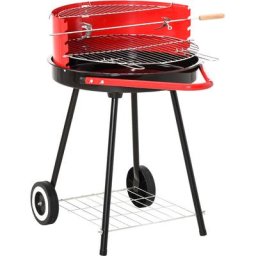 Holzkohlegrill Rundgrill Standgrill auf Rollen mit Gitterrost bbq Metall Rot L51 x B70 x H75,5cm