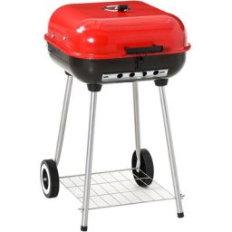 Holzkohlegrill Grillwagen Kugelgrill auf Rollen Ablage mit Deckel bbq Metall Rot 46 x 52,5 x 76cm