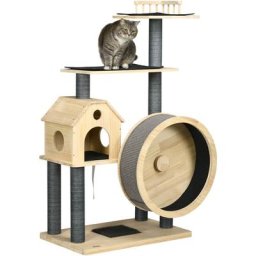 Katzenbaum mit Laufrad 4-Stock Kratzbaum Katzenhaus mit Sisalsäulen Katzenhöhle Kiefernholz Natur