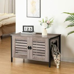 Katzenklo Schrank 4 Eisenfüßen Katzenhaus Katzen-Möbel mit Lamellentür HOOBRO EBG06MW01 - Greige