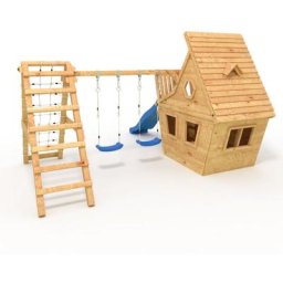 Spielturm - Wunderhäuschen M120 + Rutsche, 2xSchaukel, Knotennetz, Klettersteine, Möbel - Bibex