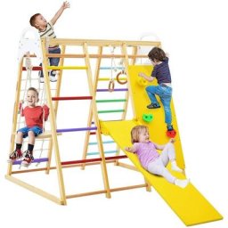 8 in 1 Klettergerüst Set Holz, inkl. Strickleiter, Pull Up Bar, Turnringe, Leiter, Rutsche,