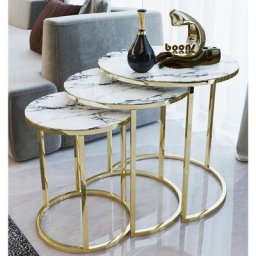Venus Satztisch mit Marmormuster, Gold & Weiß - Farbe: Weiß,Beinfarbe: Gold