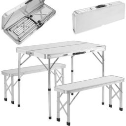 Casaria - 3 tlg Alu Campingtisch Set Klapptisch 2 Bänke 90x60x70 cm Koffertisch Tragegriff Camping