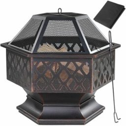 Feuerschale Sechseckig 70x60,5cm Stahl Modern Funkenschutz Feuerstelle Feuerkorb Feuer Garten