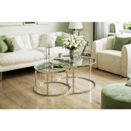 Vita Glass Couchtisch-Set, Chrom - Farbe: Chrom,Beinfarbe: Grau