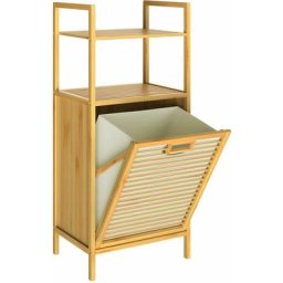 Badregal mit Wäschekorb 35l Bambusregal Badezimmerregal natur 2 Ablagen Wäschesammler Wäschebox