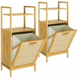 Badregal mit Wäschekorb 35l Bambusregal Badezimmerregal natur 2 Ablagen Wäschesammler Wäschebox