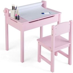 Kindertisch mit Stuhl, Maltisch mit Papierrolle & Marker, Aufklappbare Kindersitzgruppe mit