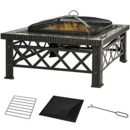 3-in-1 Feuerschale Feuerkorb Feuerstelle mit Funkenschutz Grillrost Eiskübel Garten bbq Schwarz 76