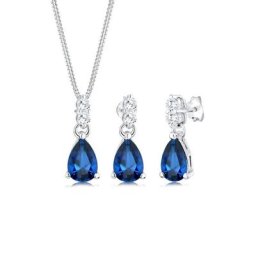 Elli Premium Schmuckset Kette Ohrhänger Syn. Saphir Zirkonia 925 Silber