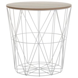 Beistelltisch Gitteroptik Weiß Hellbraun 40 x 40 cm MDF Platte Pulverbeschichtet Metallkorb Multifunktional Rund Modern