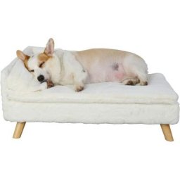 Hundesofa Katzensofa Haustiersofa mit Rückenlehne Plüsch Kissen Holzbeinen, Waschbar Hundecouch