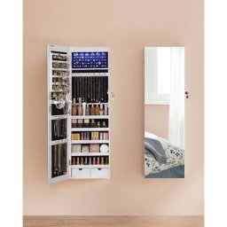 Schmuckschrank hängend, Spiegelschrank mit LED-Innenbeleuchtung, Wandschrank mit Ganzkörperspiegel,