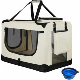 Hundetransportbox Lassie l (beige) faltbar - 50 x 70 x 52 cm - Reisebox mit Decke, Tasche & Griffen