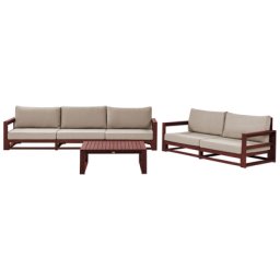 Lounge Set Mahagoni Braun Akazienholz Auflagen Taupe 2-Sitzer und 3-Sitzer Sofa mit Couchtisch Retro Landhaus Stil Terrasse Outdoor