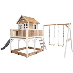 Spielhaus Liam mit Sandkasten, Doppelschaukel & weißer Rutsche Stelzenhaus xxl in Braun & Weiß aus