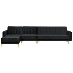 Sofa Schwarz Samtstoff L-Förmig Rechtsseitig für 5 Personen mit Schlaffunktion Modern Glamourös Schlafsofa Wohnzimmer Ausstattung Möbel