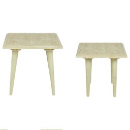 Beistelltisch 2er Set Hellgrün und Gold Mango Holz Quadratisch Geschnitzt Handgefertigt Boho Couchtisch Wohnzimmer Ausstattung Möbel Zubehör