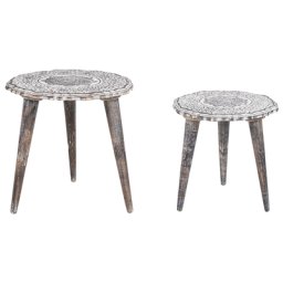 Beistelltisch 2er Set Dunkelbraun & Cremeweiß Mango Holz Rund Dreibeinig Geschnitzt Handgefertigt Boho Couchtisch Wohnzimmer Ausstattung Möbel