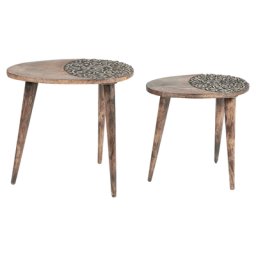 Beistelltisch 2er Set Dunkelbraun Mango Holz Oval Dreibeinig Geschnitzt Handgefertigt Boho Couchtisch Wohnzimmer Ausstattung Möbel Zubehör